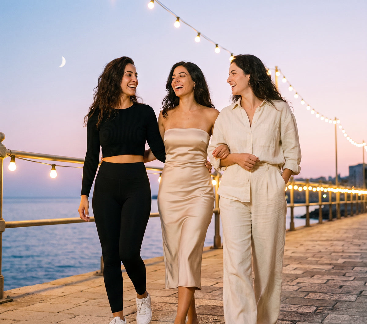 Three friends walking along the sea at dusk under a crescent moon