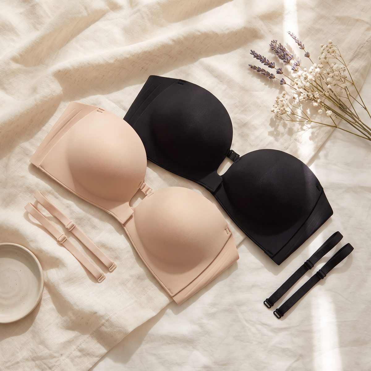 Crescent Strapless Bra in Nude and Black with detachable straps | Straps included